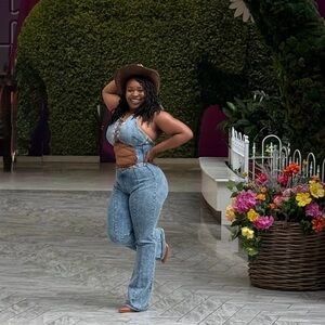 Fashion Nova Light Wash Denim Wide Leg Jumpsuit